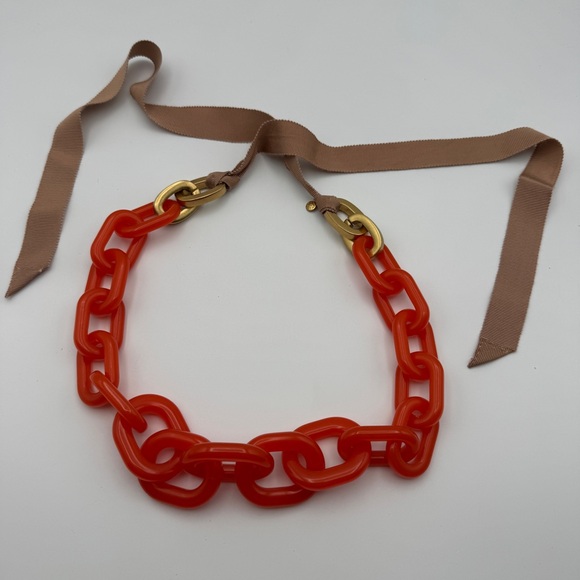 J.Crew Chunky Orange Resin Chain Necklace Ribbon Tie Statement Jewelry - Picture 1 of 4